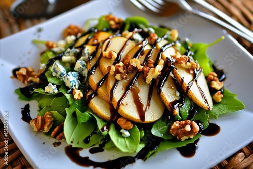 Fresh Salad With Pears, Blue Cheese, Walnuts, and Balsamic Drizzle on Rustic ...