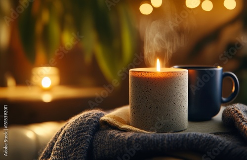 Cozy Indoor Setting With a Candle and Hot Beverage on a Knitted Blanket in Au...