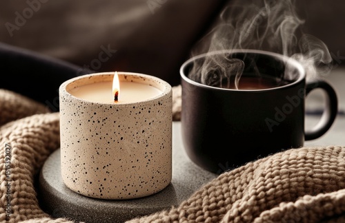 Cozy Indoor Setting With a Candle and Hot Beverage on a Knitted Blanket in Au...