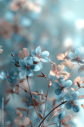 Beautiful Blue and Pink Flowers Bloom Against a Soft Background in Springtime...