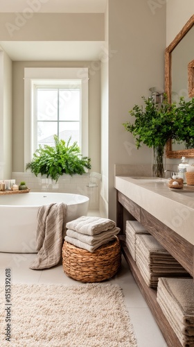 Modern Bathroom Design Featuring a Freestanding Tub and Natural Decor Elements