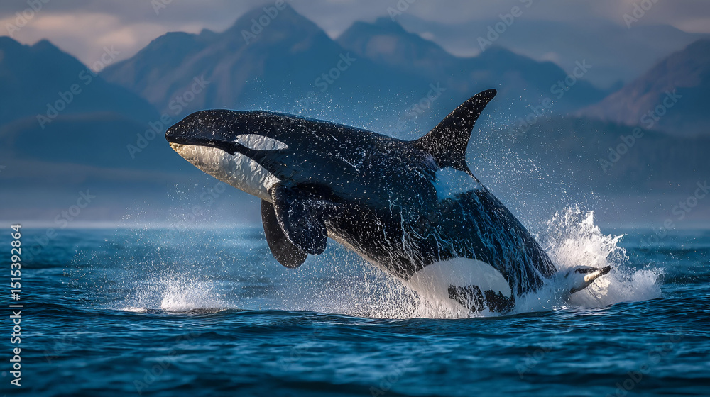 Fototapeta premium A majestic orca breaching the surface of the ocean, its massive body leaping through the air as water splashes around it.