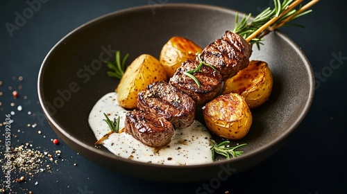 Grilled Meat Skewer Served With Potatoes and Sauce in a Bowl During an Evenin...