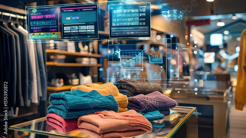 Smart retail display with IoT-powered inventory visualization in modern clothing store, enhancing customer engagement and digital commerce optimization.