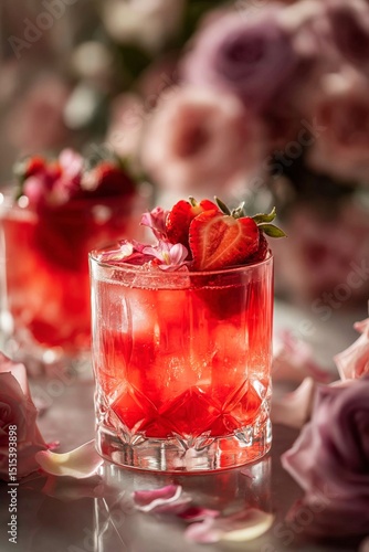 Delicious Strawberry Cocktails Served on a Marble Table With Colorful Rose Pe...
