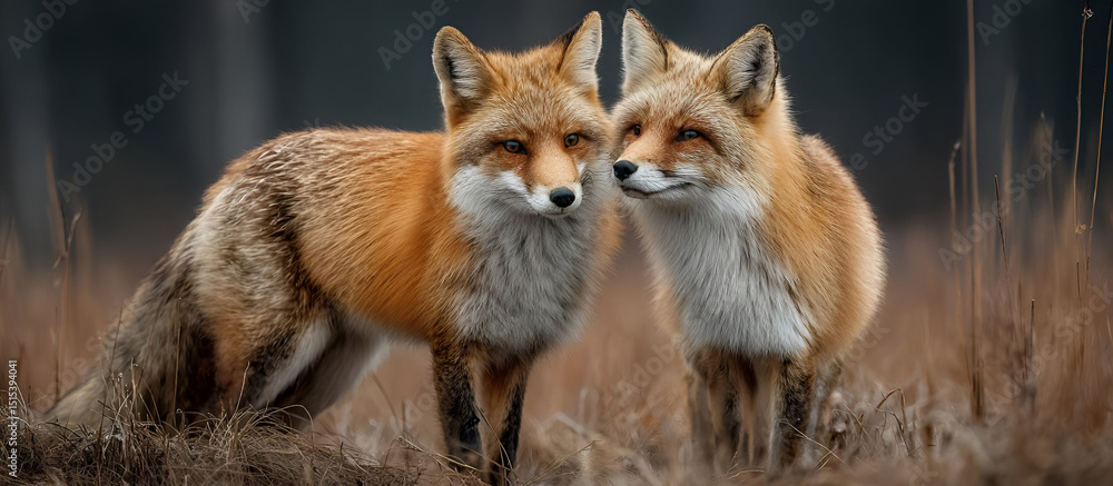 Fototapeta premium A pair of red foxes playing together in a meadow, their sleek fur and playful antics captured in the soft light of a spring afternoon.