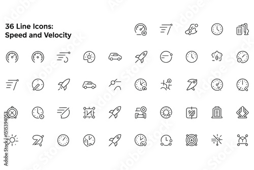 Collection of 36 Speed and Velocity Line Icons Representing Time Motion and Progress