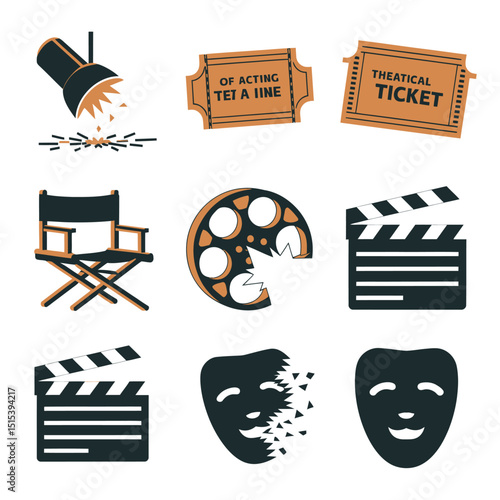 vector icons for cinema, Director's Chair , theatrical roles, video tape, cinema shattered spotlight, Theater Ticket
