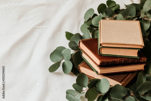 Stacked Books Surrounded by Green Leaves on a Neutral Background in a Cozy Se...