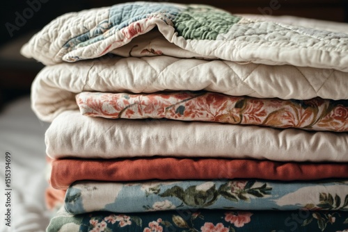 Cozy Blankets and Quilts Stacked Neatly on a Bed in a Warm, Inviting Bedroom