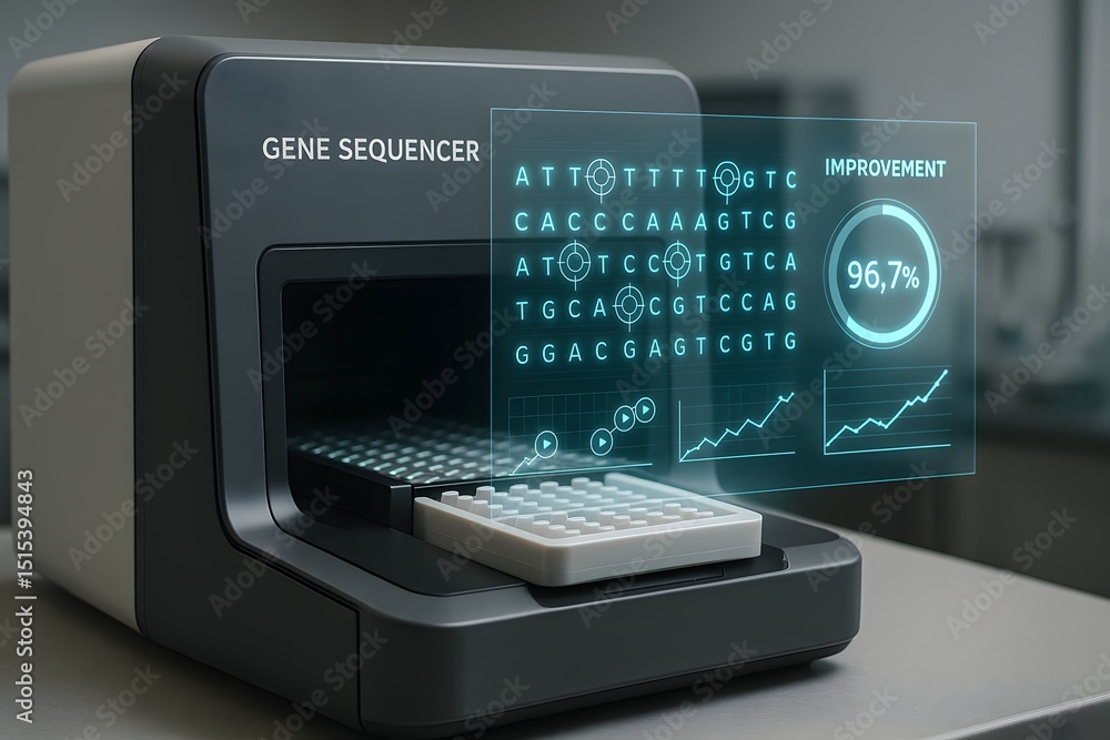 A cutting-edge gene sequencer is presented against a modern backdrop, it unveils the intricacy of genetic data with an innovative display. A cutting-edge gene sequencer is presented against a modern backdrop, it unveils the intricacy of genetic data with an innovative display.
