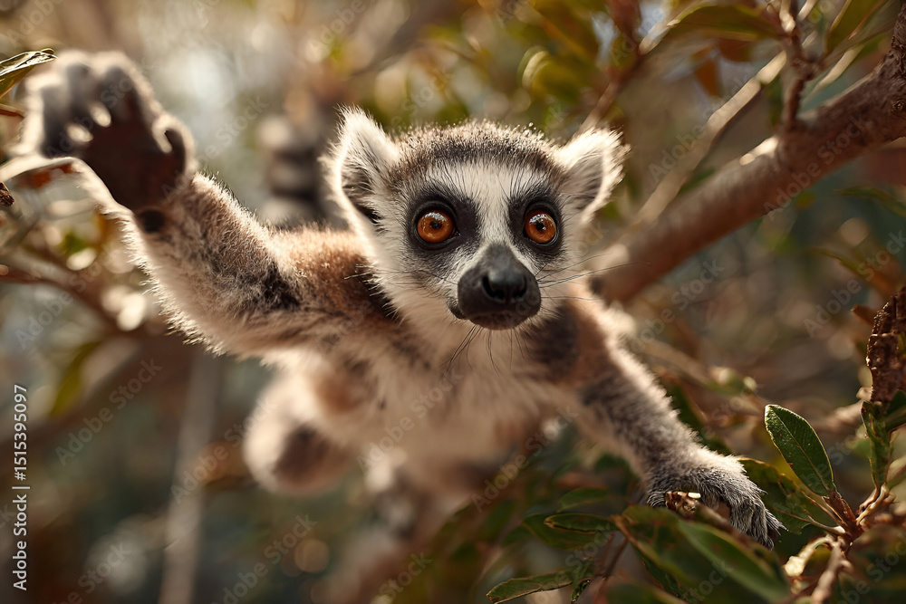 Obraz premium A playful lemur swinging from branch to branch in a tropical forest, its large eyes wide with excitement as it leaps through the jungle.