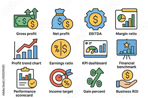 Financial metrics icons including profit margins and earnings ratio
