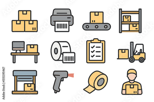 Warehouse logistics icons: boxes, forklift, barcode scanner, conveyor belt