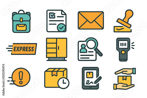 Colorful delivery and logistics icons set on blurred background