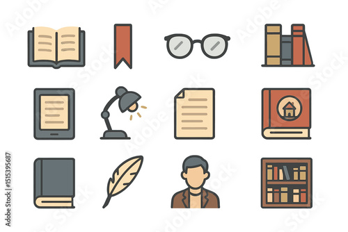 Library and reading icons set: books, glasses, lamp, paper, quill