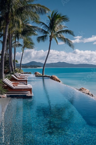 Serene Infinity Pool Overlooking Tropical Landscape Under Clear Blue Sky