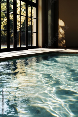 Peaceful Indoor Swimming Pool Surrounded by Greenery and Sunlight in a Modern...
