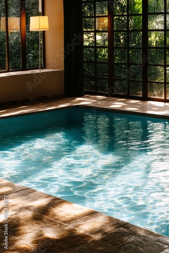 Peaceful Indoor Swimming Pool Surrounded by Greenery and Sunlight in a Modern...