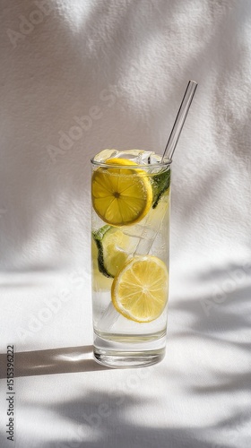 Refreshing Glass of Lemonade With Sliced Lemons and a Straw in Warm Sunlight