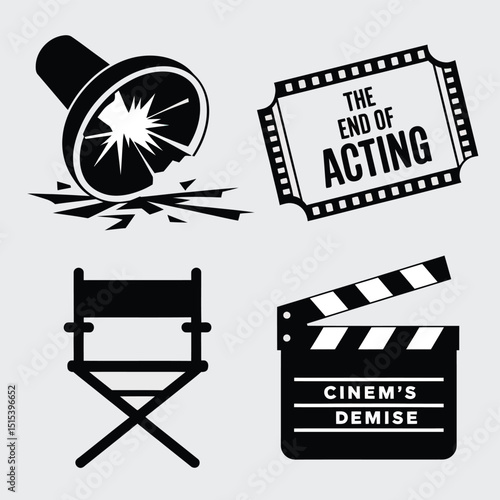 vector icons for cinema, Director's Chair , theatrical roles, video tape, cinema shattered spotlight, Theater Ticket
