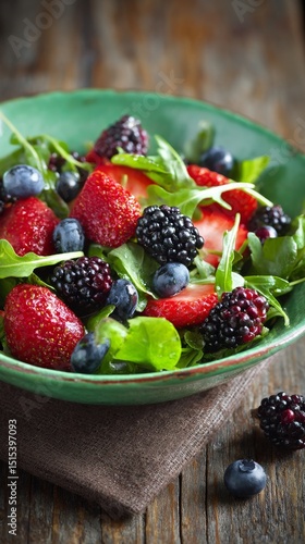 Fresh Berry Salad With Arugula Served in Bowl on Wooden Table