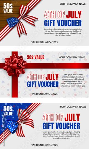 set of 4th of july gift cards. american independence gift voucher with bpw and ribbon