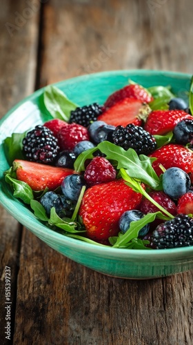 Fresh Berry Salad With Greens Served in a Vibrant Bowl on a Rustic Wooden Table