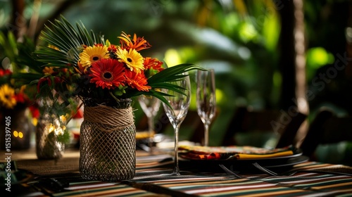 Dining Table Decorated With Vibrant Flowers and Elegant Tableware in a Lush G...