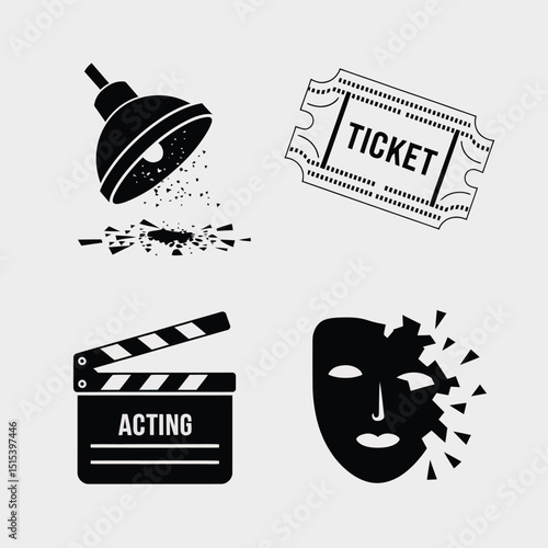 vector icons for cinema, Director's Chair , theatrical roles, video tape, cinema shattered spotlight, Theater Ticket
