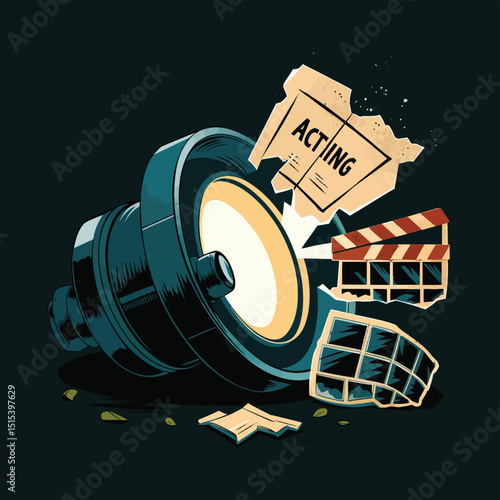 vector icons for cinema, Director's Chair , theatrical roles, video tape, cinema shattered spotlight, Theater Ticket
