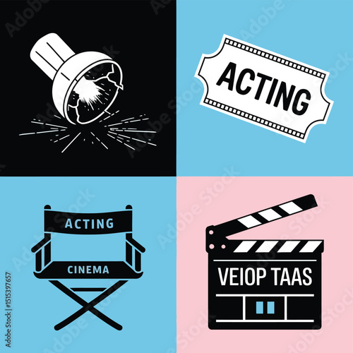 vector icons for cinema, Director's Chair , theatrical roles, video tape, cinema shattered spotlight, Theater Ticket
