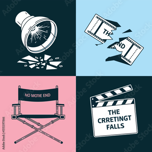 vector icons for cinema, Director's Chair , theatrical roles, video tape, cinema shattered spotlight, Theater Ticket
