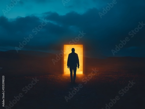 The Enigmatic Passage: A lone figure stands silhouetted against a radiant portal in a surreal landscape, evoking feelings of mystery and anticipation as they embark on a journey.