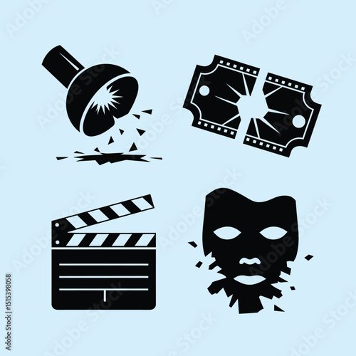 vector icons for cinema, Director's Chair , theatrical roles, video tape, cinema shattered spotlight, Theater Ticket
