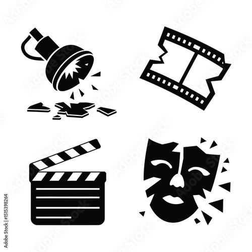 vector icons for cinema, Director's Chair , theatrical roles, video tape, cinema shattered spotlight, Theater Ticket
