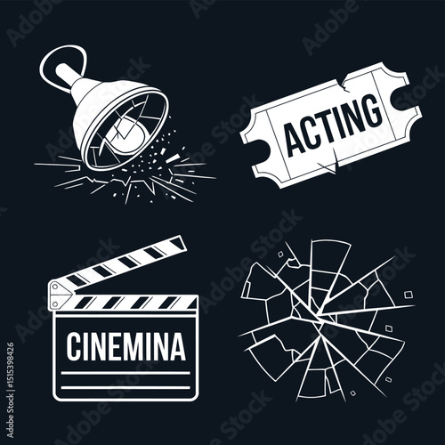 vector icons for cinema, Director's Chair , theatrical roles, video tape, cinema shattered spotlight, Theater Ticket
