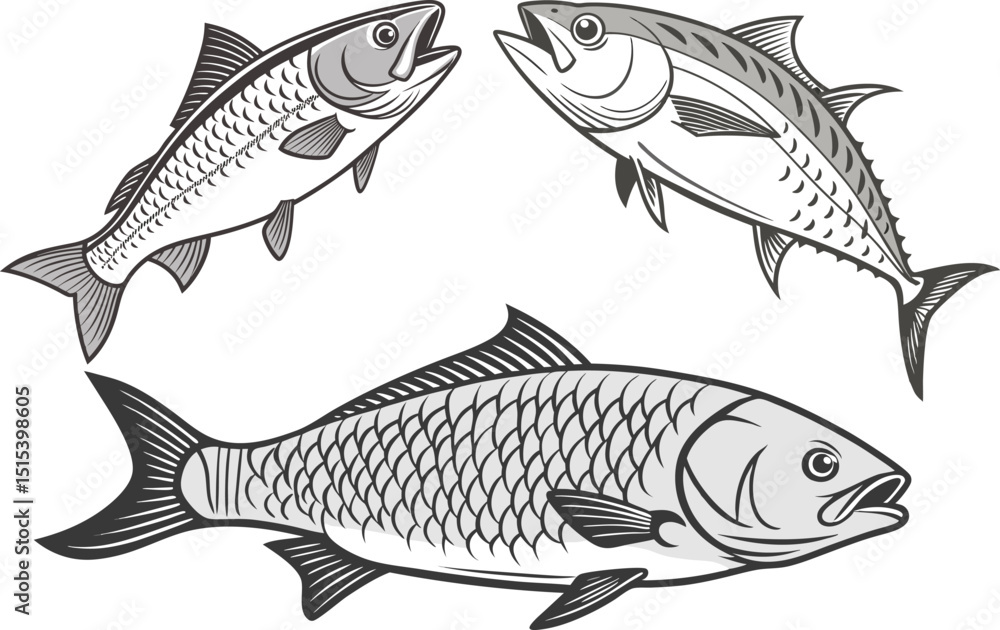 Fototapeta premium Three stylized, grayscale fish illustrations with detailed scales and fins, depicted with open mouths, arranged in a triangular formation against a white background.