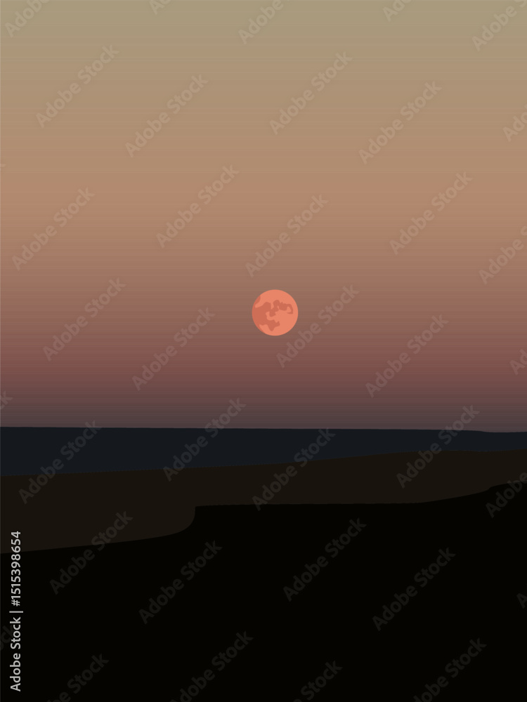 Fototapeta premium Sunset in the desert with an orange moon above the horizon. Vector illustration of a desert landscape. For your designs in the style of the beauty of nature and inspiring landscapes