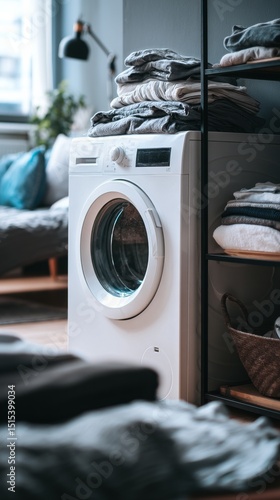 Washing Machine With Neatly Stacked Towels in Modern Laundry Room During Dayl...
