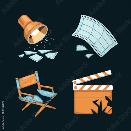 vector icons for cinema, Director's Chair , theatrical roles, video tape, cinema shattered spotlight, Theater Ticket
