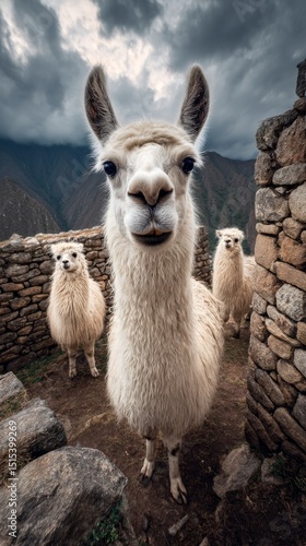 Llamas in a Mountainous Terrain Under a Cloudy Sky During the Late Afternoon ...