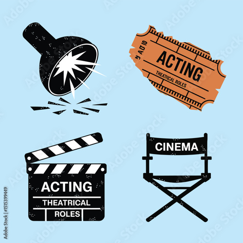 vector icons for cinema, Director's Chair , theatrical roles, video tape, cinema shattered spotlight, Theater Ticket
