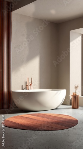 Elegant Modern Bathroom With Unique Bathtub and Stylish Decor in Soft Neutral...