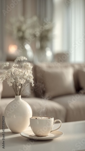 Cozy Cafe Setting With Steaming Cup and Fresh Flowers in Elegant Interior