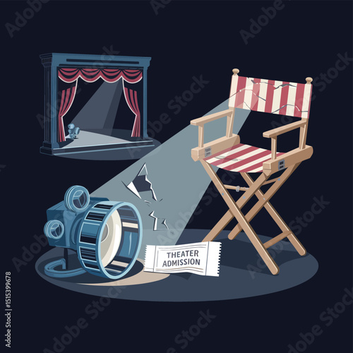 vector icons for cinema, Director's Chair , theatrical roles, video tape, cinema shattered spotlight, Theater Ticket
