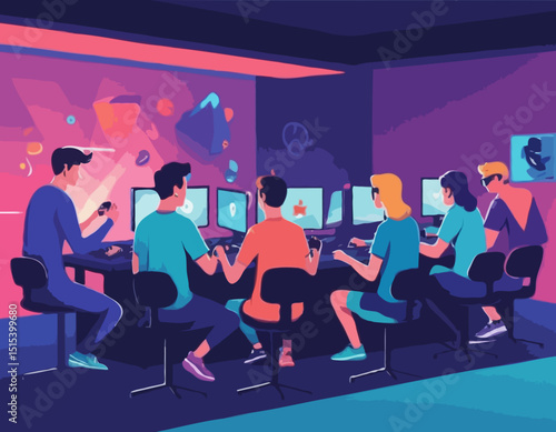 Group of gamers plays video games in cybersport club. Videogame players have fun at computer. People spend leisure time in room for cyber events, online championship, matches. Flat vector illustration