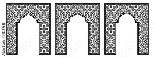 Islamic Arch Frame with Intricate Geometric Pattern and Mashrabiya Border, Editable Vector EPS for Mosque Art, Laser Cutting, CNC Panels, and Middle Eastern Decor	