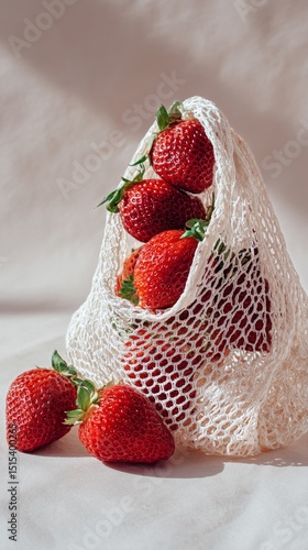 Fresh Strawberries in a Mesh Bag on a Light Background for a Healthy Food Dis...