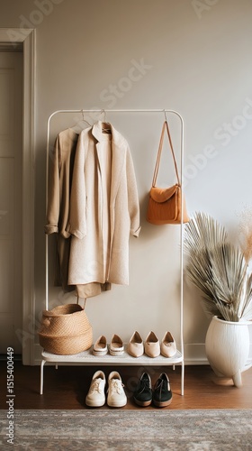 Stylish Coat Rack Showcasing Neutral Outfits and Trendy Shoes in a Sunlit Ind...